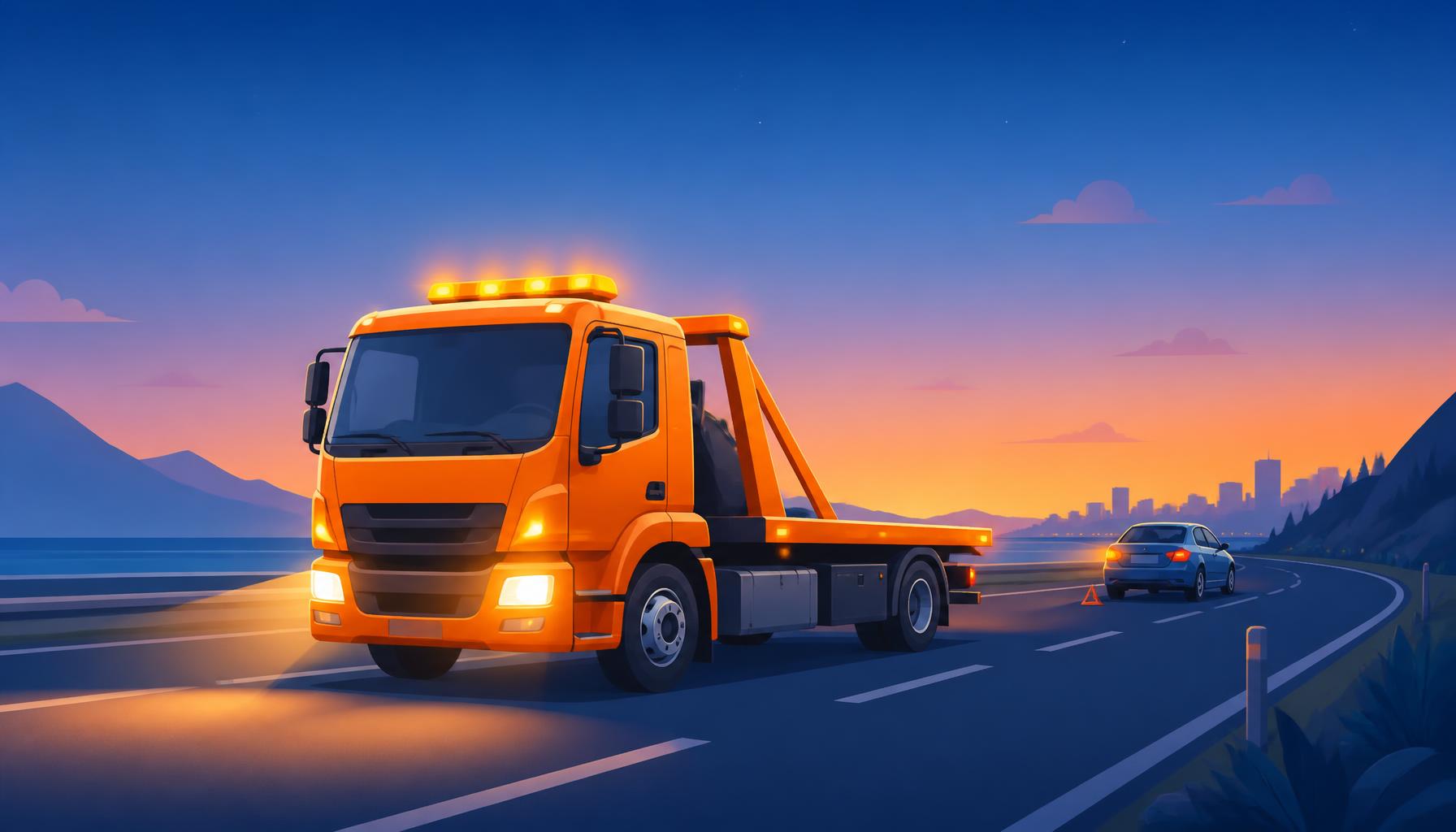 Tow truck on a highway at dusk